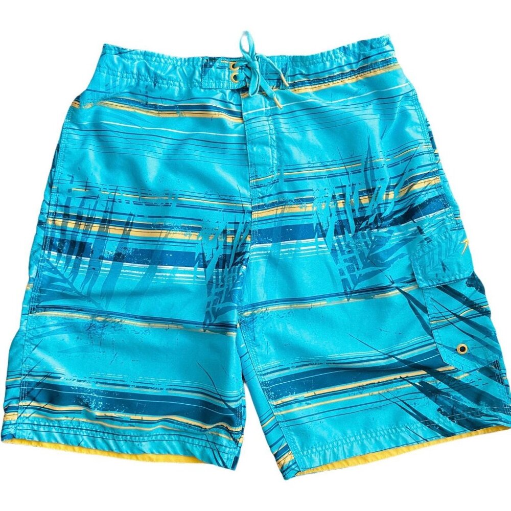 Speedo UPF 50 Boardshort Palm-Stripe Swim‎ Trunks Large Blue Cargo Surf Shorts